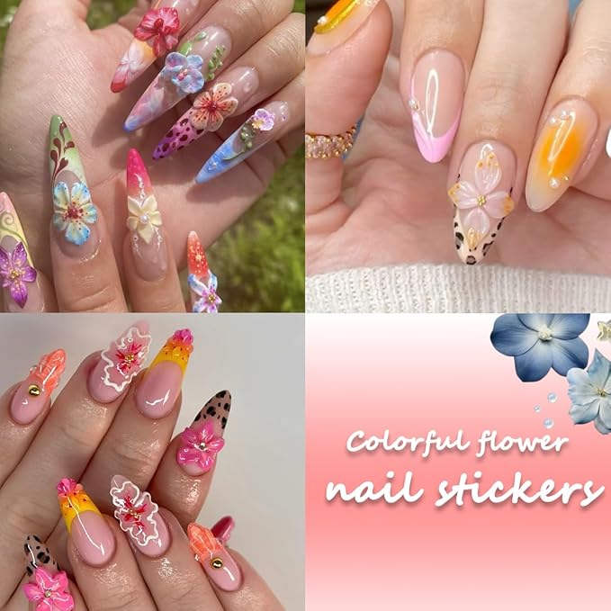3 Sheets Colorful Flower Nail Stickers, Summer Embossed Lily Nail Decals, 5D Self-Adhesive Nail Design Stickers for Daily Festival DIY Spring Summer Floral Manicure Decoration Supplies