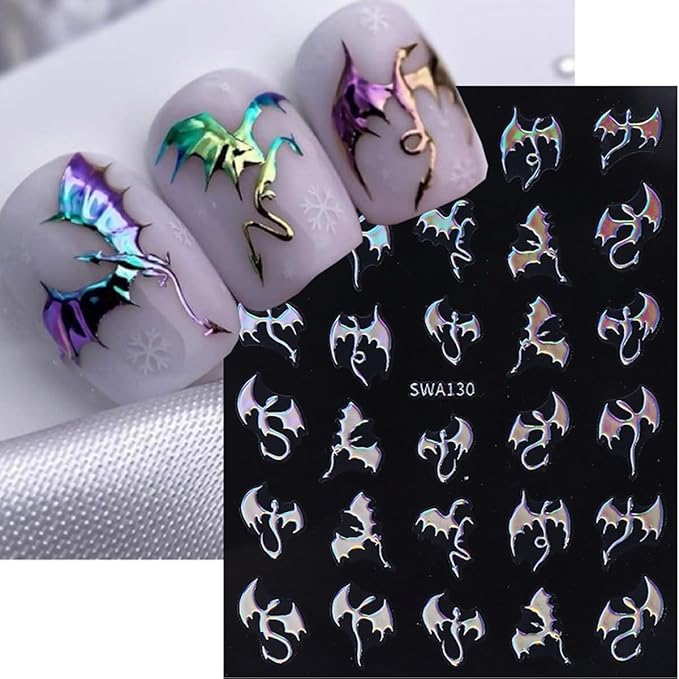 6Pcs Halloween Nail Art Stickers 3D Holographic Flying Dragon Nail Decals Self Adhesive Horror Bat Nail Stickers Laser Gold Silver Bat Dragon Design Halloween Nail Supplies for Women Holiday Manicure
