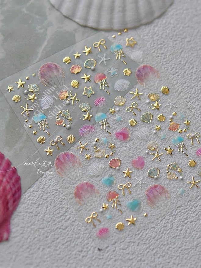 Golden Beach Seashell Nail Stickers 5D Embossed – Premium Salon-Quality Nail Charm Accessories, Easy Application & Self-Adhesive Summer Sticker for DIY Manicure, Nail Art, Press on, Home or Salon Use