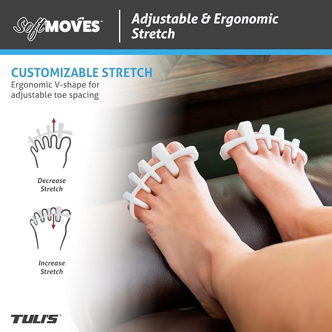 Tuli's Soft Moves Adjustable Toe Separators, Silicone Toe Spacers for Alignment, Bunions, Hammertoes, Plantar Fasciitis, Yoga, Morton’s Neuroma, and Foot Health, One Size Fits All, White
