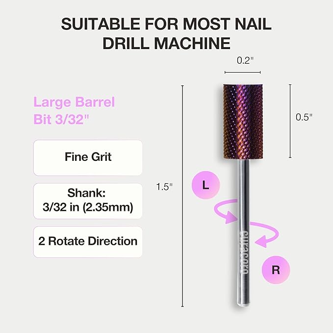 Curacoro Nail Drill Bits 3/32'' - Safe Smooth Stop Large Barrel Carbide Bit (Fine), Gently Bits for Removal & Nail Enhancement, for Nail Beds, Nail Art Pedicure Manicure Salon & Home