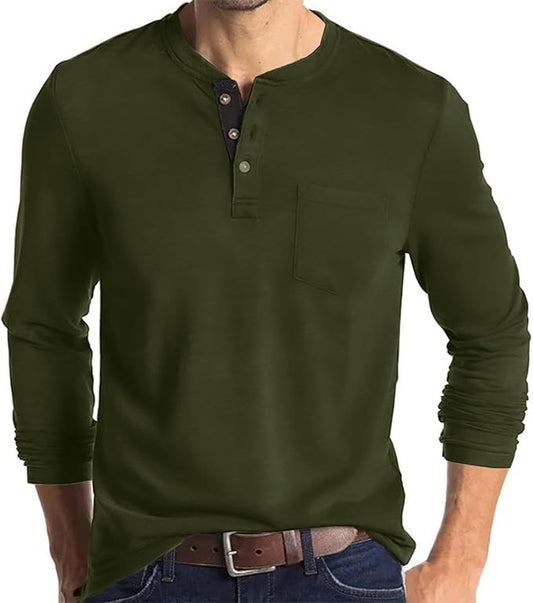 Lexiart Mens Fashion Henley Shirts Long Sleeve Button Cotton T-Shirt with Pocket