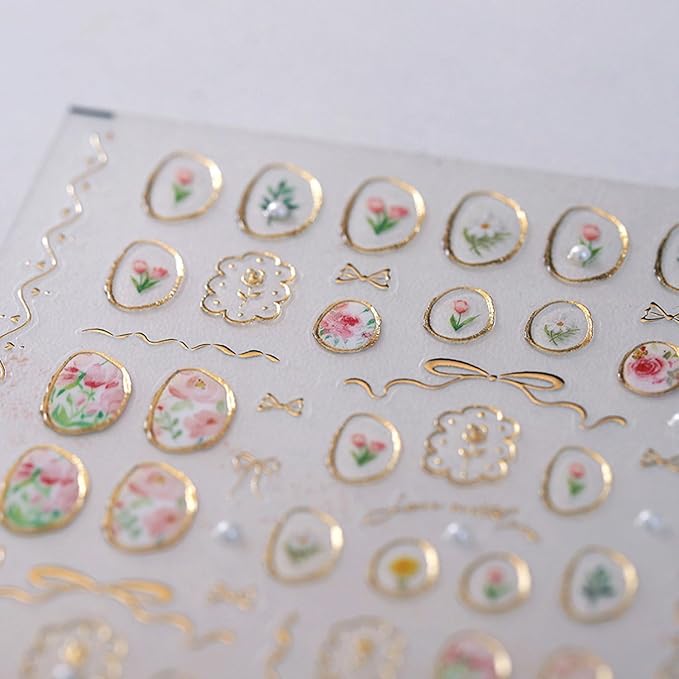Flower Nail Art Stickers 5D Embossed Nail Stickers Tulip and Gold Hollow Nail Decals for Nails Art Designs Self-Adhesive Nail Art Supplies for Women Girls Summer DIY Manicure