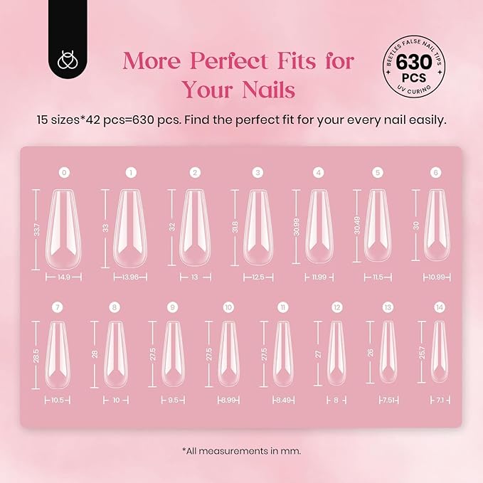 Beetles Gel Nail Tips Upgraded 15 Sizes Long Coffin Gel Nail Tips 630Pcs Pre-Shaped Clear Full Cover False Nails Easy Nail Extension for Gel Nail Polish Gift for Women