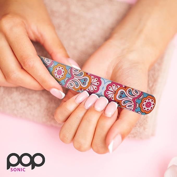 Pop Sonic Double-Sided Glass Nail File | Fingernail Files for Shaping & Smoothing Nails | High-Quality Tempered Glass | Strong, Wear-Resistant Filer w/Protective Carrying Case (Sunburst)