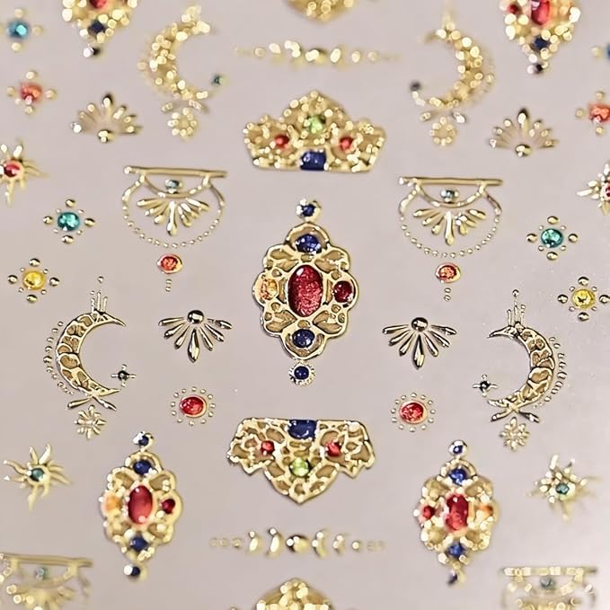 5D Embossed Nail Sticker Gold Metal Gem Moon Nail Art Sticker Self Adhesive Nail Decals Colorful Gems Nail Art for Women Girls Manicure Supplies DIY Nails Art Decorations