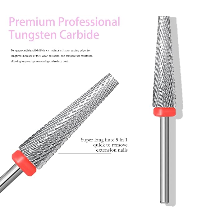 Super Long 5 in 1 Nail Drill Bits, Professional 3/32'' Carbide Tungsten Two Way Rotary Advanced Safety Bits, Fast Remove for Manicure Pedicure Cuticle Acrylic Nails (Sliver, Fine-F)