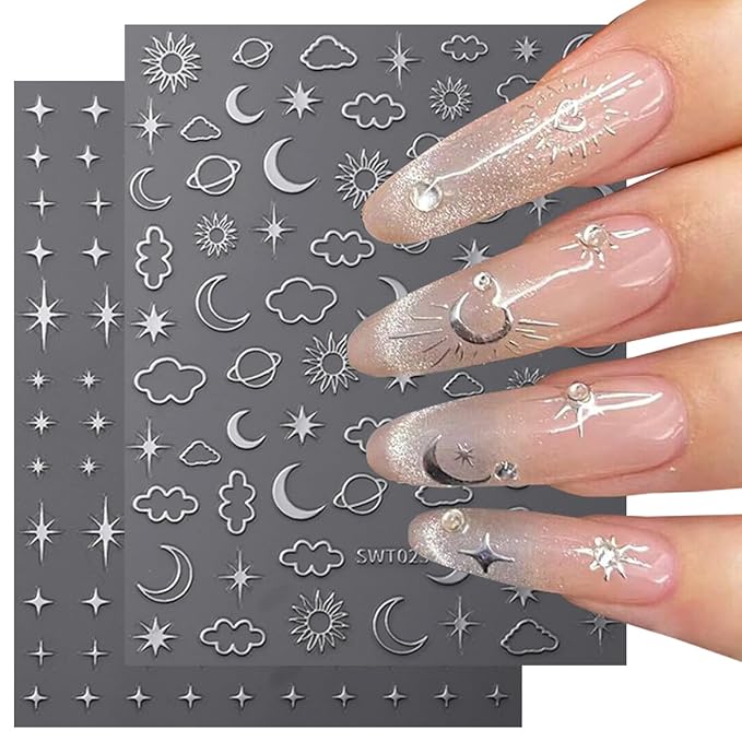 Star Nail Stickers - 8Sheets Metallic Star Nail Art Stickers 3D Star Moon Sun Nail Decals for Nail Art Supplies Sun Stars Moon Starlight Glitter Gold Silver Design French Manicure Decoration for Women
