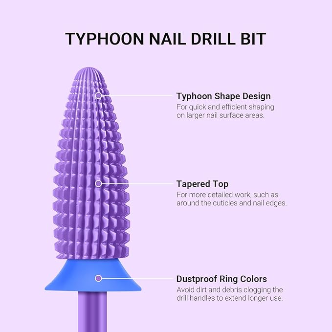 MelodySusie Typhoon Nail Drill Bits, 3/32'' Carbide Tungsten Multi-function Bits, Fast Remove Acrylic or Hard Gel for Manicure Pedicure Salon Professional or Beginner, Purple, Medium