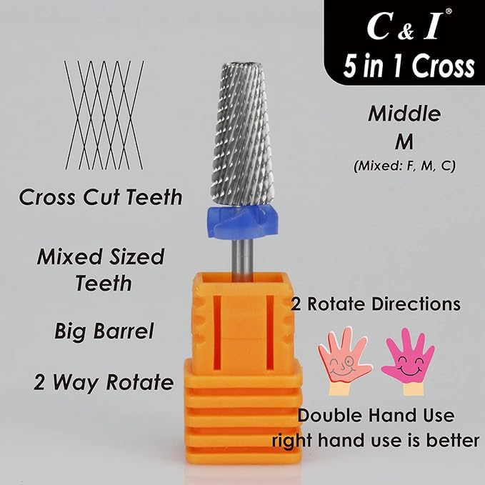 C & I 5 in 1 Multi-function Tapered Shape Nail Drill, Cross Teeth Edition, Professional Drill Bit for Nail Manicure Machine (Middle - M)