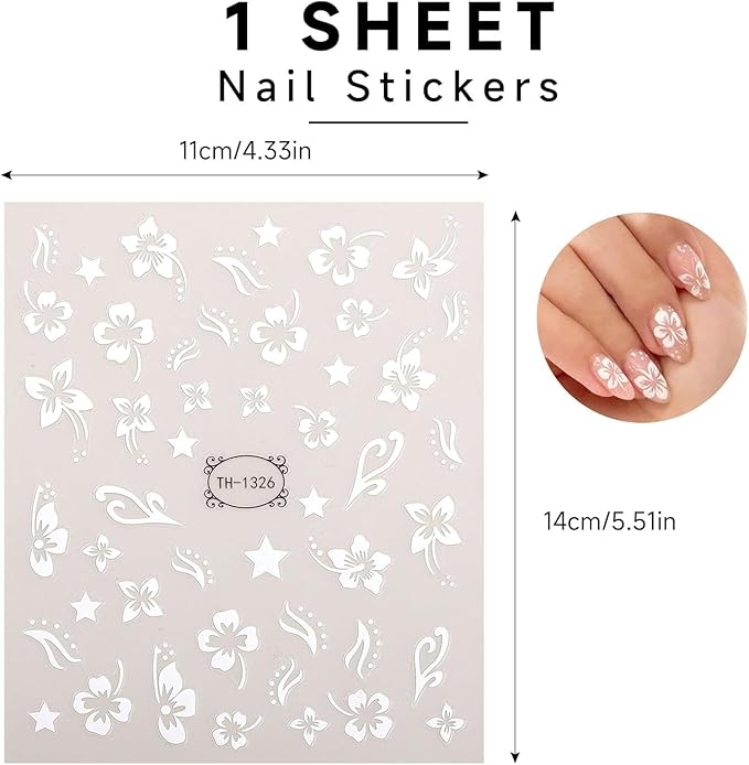 White Flower Nail Stickers for Nail Art, Spring Nail Stickers Decals Self Adhesive Floral Nails Sticker for Women Nails Art Sticker Decoration