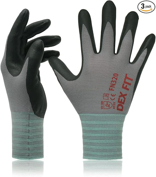 DEX FIT Premium Nylon Nitrile Work Gloves FN320, 3 Pairs, 3D-Comfort Stretchy Fit, Firm Grip, Thin & Lightweight, Durable, Breathable & Cool, Machine Washable; Grey 10 (XL)