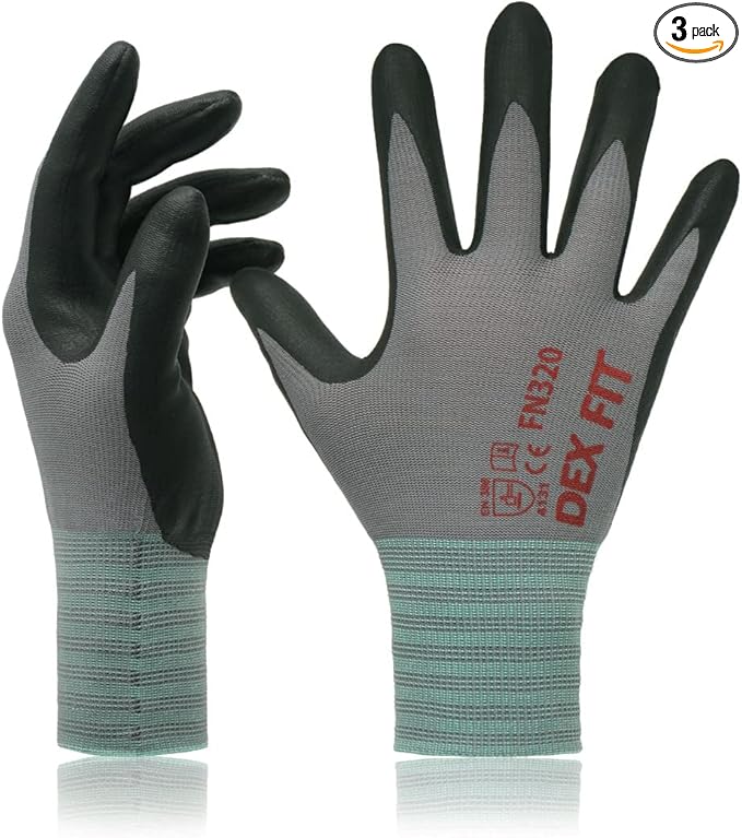 DEX FIT Nylon Work Gloves FN320, 3D Comfort Fit, Power Grip, Lightweight, Touchscreen for Men & Women, Breathable & Flexible for Yard Work DIY Mechanic Warehouse; Grey 8 (M)