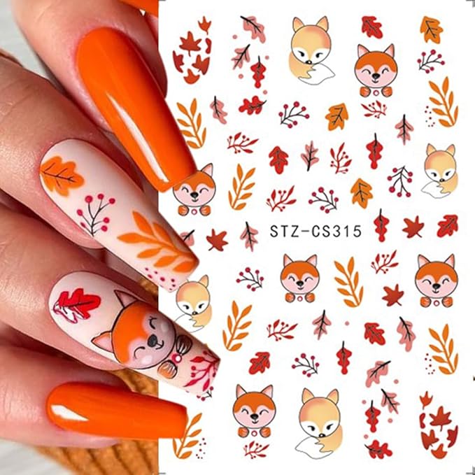 Fall Nail Art Stickers Autumn Maple Leaf Nail Decals 6PCS Maple Leaves Foxes Pumpkin Nails Design 3D Self-Adhesive Thanksgiving Day Nail Art Decorations Supplies Fall Stickers for Nails Manicure Decor