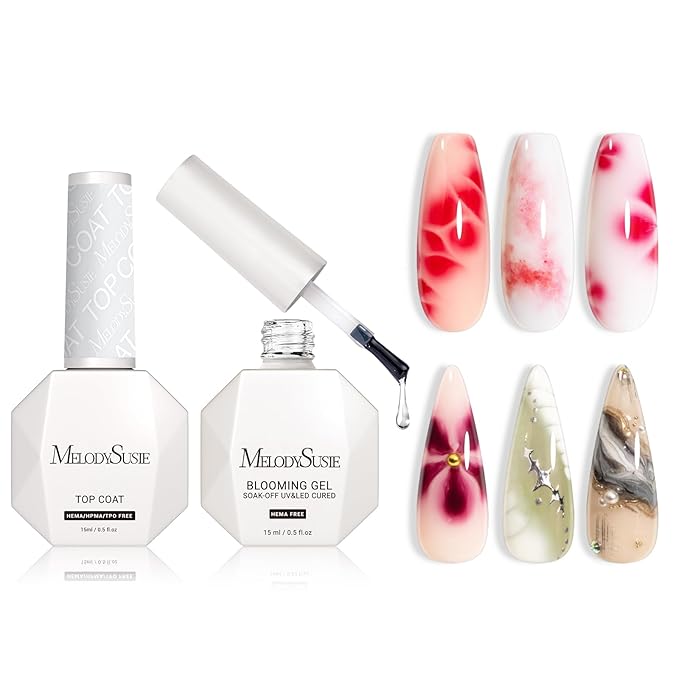 MelodySusie Hema Free Blooming Gel and Top Coat Set HEMA, HPMA, TPO Free for Nail Design 0.5 Fl Oz Marble Watercolor UV Nail Polish Spreading Effect Nail Salon Manicure at Home 2PCS