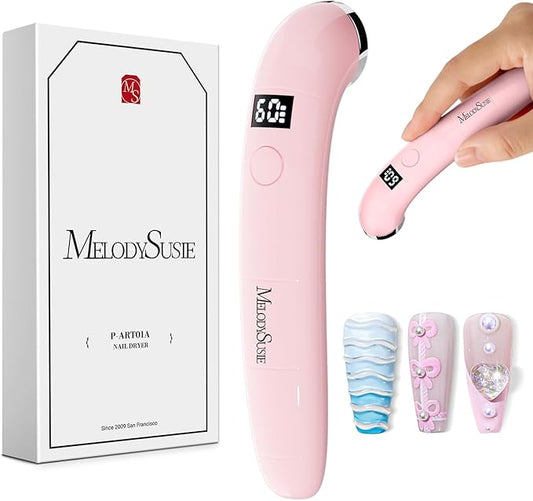 MelodySusie Handheld UV Light for Gel Nails, P-ART01A Cordless UV Nail Lamp with LCD Display& Ergonomic Design, Rechargeable LED Light Flash Cures Soft Gels, Rhinestone Glue & Liner Gel, Pink