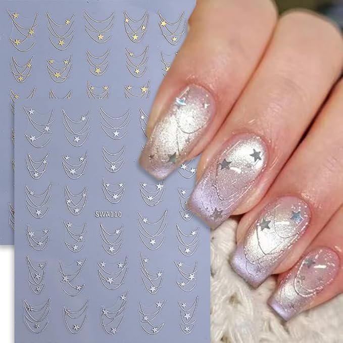 6 Sheets Star Nail Stickers for Nail Art, 3D Self-Adhesive Nail Decals, Moon Butterfly Nail Supplies Nail Art Design Accessories for Women Girls Manicure DIY Decoration