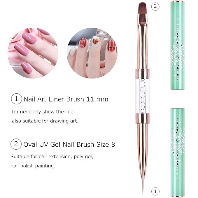 1Pcs Dual-ended Nail Design Brushes Rhinestone Handle Nail Art Liner Brush UV Gel Nail Polish Brush Professional Nail Art Tools Green