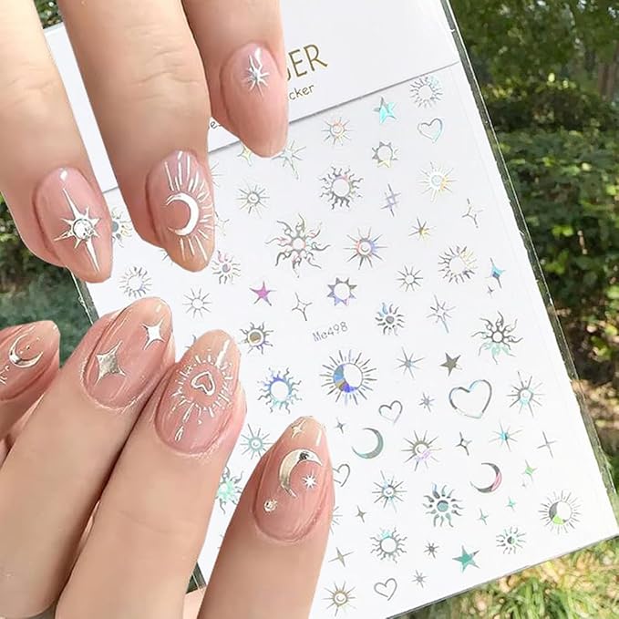 10PCS Silver Nail Stickers for Metallic Nail Art Decals, 3D Glitter Shiny Laser Silver Star Moon Sun Heart Self-Adhesive Sticker Nail Designs Stars Nail Stickers for Nails DIY Nail Tip Manicure Decor