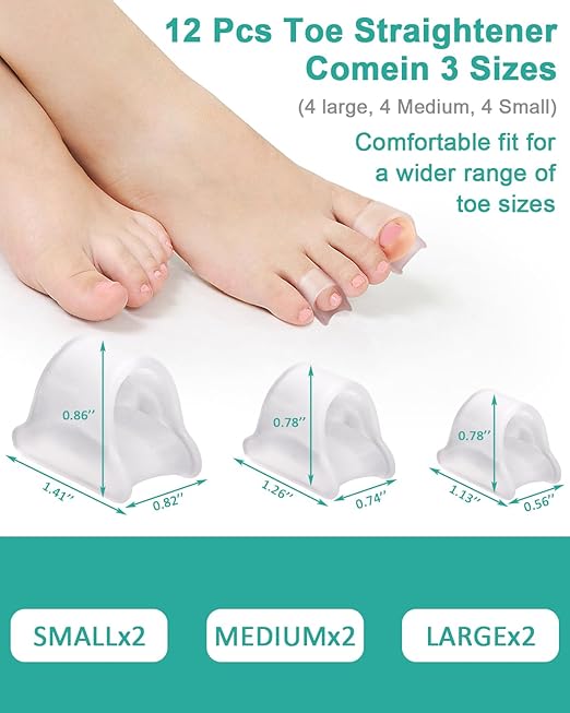 12 Packs Hammer Toe Straighteners Corrector for Women Men Curled, Crooked, Claw, Hammertoe Correction, Gel Toe Splint for Straightening, Bunion Spacer Separators (3 Sizes, Clear)