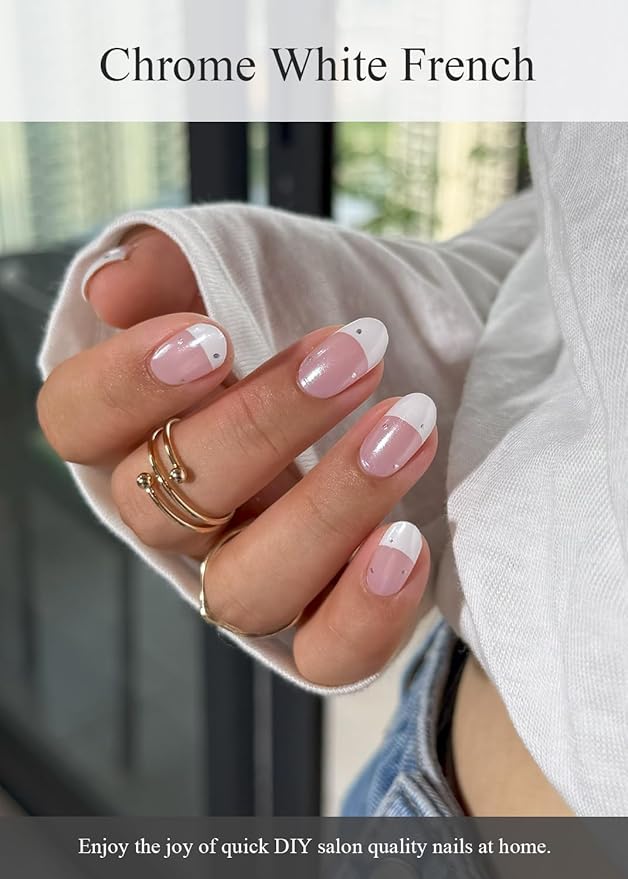 Semi Cured Gel Nail Strips (Chrome White French), Pearls, Glazed Donut, 30 Pcs Gel Nail Wraps, Stickers, UV Light Required
