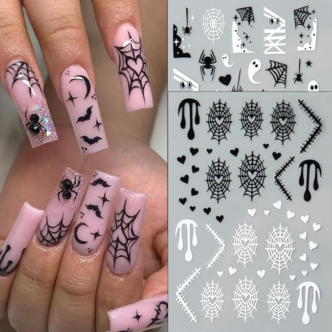 6Pcs Halloween Nail Stickers 3D Spider Web Nail Decals DIY Self Adhesive Ghost Cobweb Nail Design Halloween Nail Decoration Supplies Holiday Manicure Accessories for Women Girls