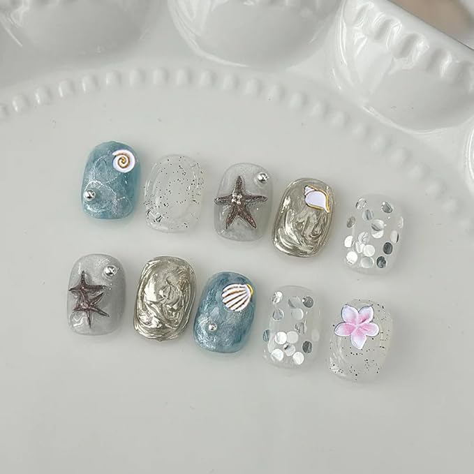 5D Embossed Beach Nail Art Stickers, 4 Pack, White Gold Shell Starfish Design, Self-Adhesive Ocean Theme Decals for Summer Manicure Decoration