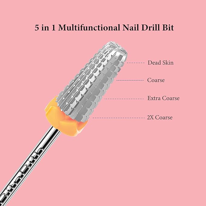 5 in 1 Nail Drill Bits, 3/32”Professional Carbide Drill Bits for Nails Multifunction Bit, Fast Remove Acrylic Hard Gel Cuticle Nail Efile Bit Manicure Pedicure,Two Way Rotate,2XC