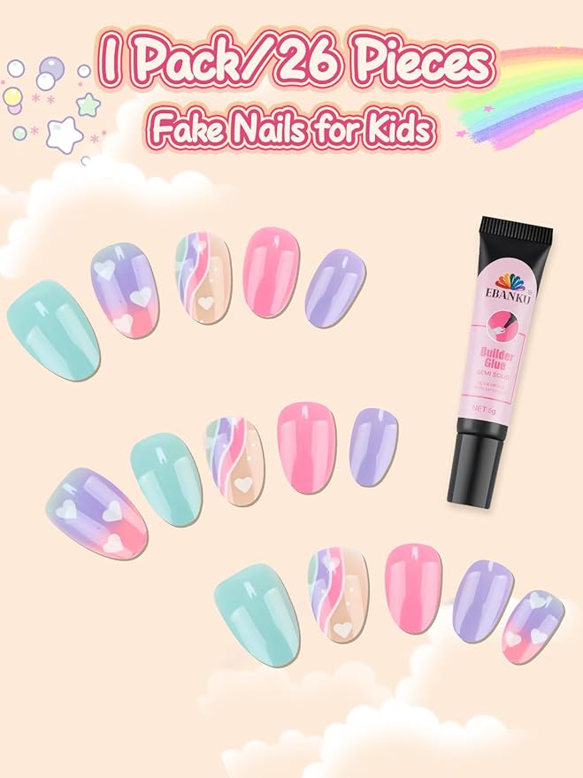 EBANKU 26 Pcs Kids Press on Nails Kit, Fake Nails for Girls 5-12 Years Colorful Purple Blue False Nails with Nail Glue, Short Full Cover Press on Nails Tip for Child