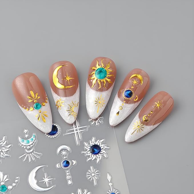 Boho Sun Moon Nail Art Stickers, Star Nail Art Decals 3D Self-Adhesive Gold Silver Sun Moon Nails Stickers Glitter Nail Design 4Pcs Nail Art Supplies for Women and Girls Manicure DIY Decoration