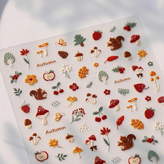 Fall Nail Art Stickers 5D Embossed Mushroom Squirrel Nail Decals 1PCS Autumn Leaves Strawberry Pinecone Autumn Nails Design Engraved Fall Stickers for Thanksgiving Day DIY Manicure Nail Art Decoration