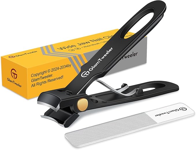 Anti-Splash Wide Jaw Opening Nail Clippers - GlamTweeler Ultra Sharp Extra Large Wide Opening Fingernail and Toenail Clipper with Glass Nail File (Black_Curved)
