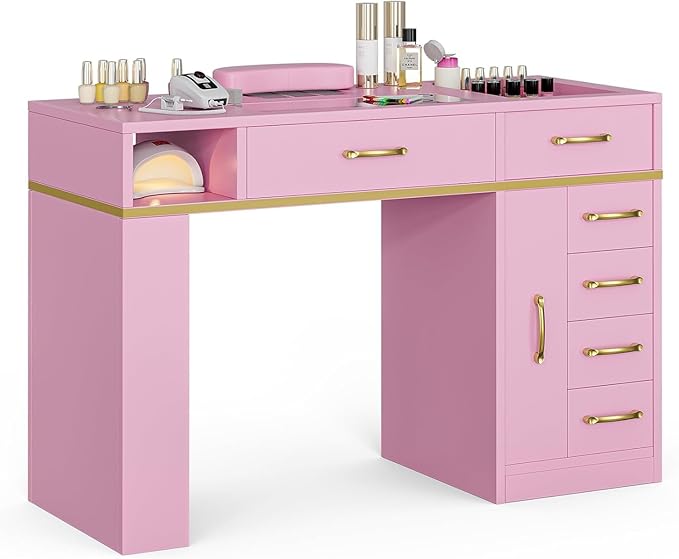 Nail Tech Table with Dust Collector, Glass Top Manicure Table Nail Desk Station w/7 Drawers & 3-Tiers Open Shelves, Nail Beauty Workstation w/Wrist Cushion & Golden Handles(Pink-New)
