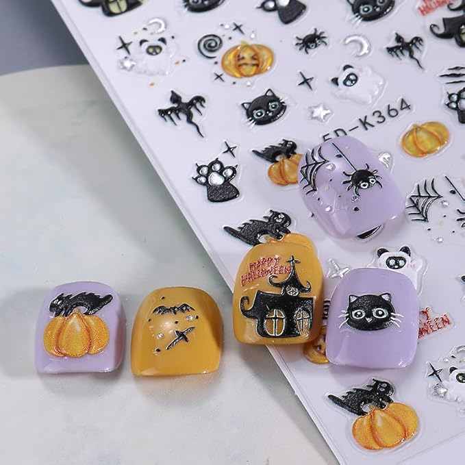 2 Sheets Halloween Nail Stickers for Nail Art, 5D Embossed Self-Adhesive Pumkin Cat Spider Web Nail Decals, Ghost Nail Supplies Nail Art Design Accessories for Women and Girls Manicure DIY Decoration