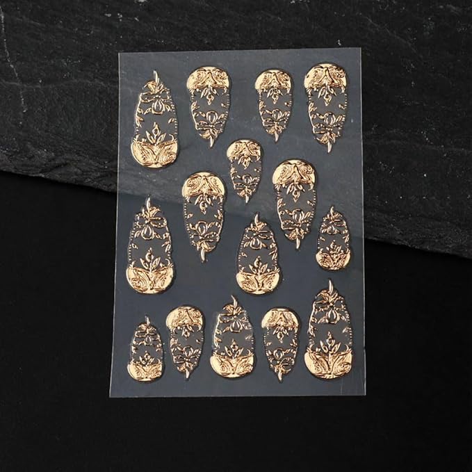 4 Sheets Gold Flower Nail Art Stickers, 5D Embossed Acrylic Decals French Carving Floral Heart Tree Self-Adhesive Nail Art Supplies for Women Girls Designs DIY Manicure Decoration