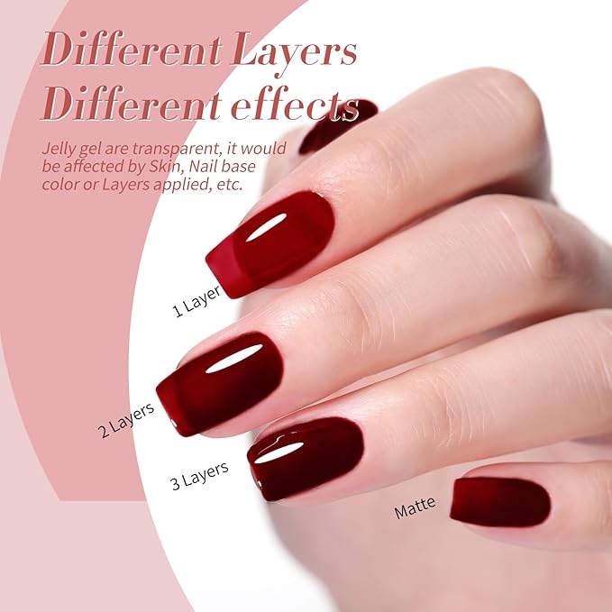 Born Pretty Jelly Burgundy Gel Nail Polish Fall Winter Blood Wine Red Nude Pink Gel Polish Sheer Transparent Halloween Gel Polish Kit Wild Rose for Salon Manicure and Nail Art DIY at Home 6Colors