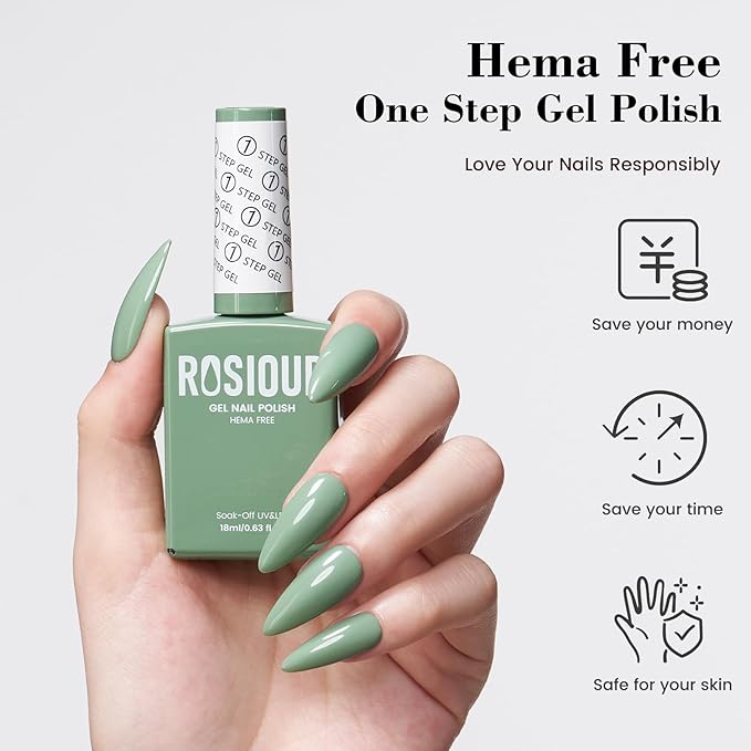 18 ML HEMA and TPO Free Gel Polish, Sage Green One Step Gel Nail Polish 3-in-1, Green Gel Nail Polish for U V Light, Soak Off Gel Polish for Women Girl Nail Lovers