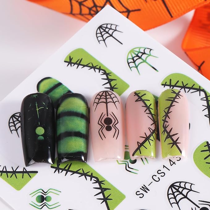 Halloween Nail Art Stickers 3D Self-Adhesive Nail Decals Nail Art Supplies 8PCS Pink French Flame Pumpkin Spider Web Ghost Eyeball Halloween Nails Adhesive Sliders for Women DIY Manicure Decorations