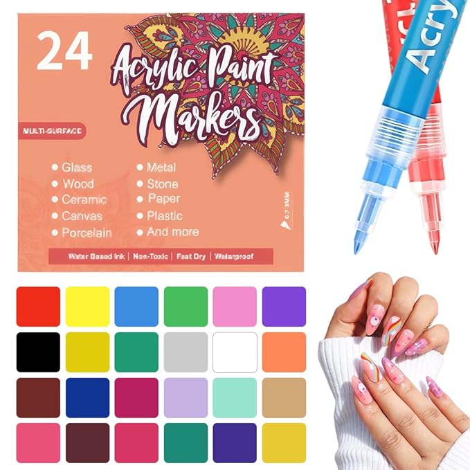 24 Colors Nail Art Pens for Painting Nails, 0.7mm Acrylic Paint Makers DIY Nail Art Markers for Kids and Adults, Quick-drying Nail Polish Pens Doodle Pens for Drawing Point Liner