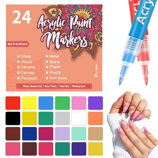 24 Colors Nail Art Pens for Painting Nails, 0.7mm Acrylic Paint Makers DIY Nail Art Markers for Kids and Adults, Quick-drying Nail Polish Pens Doodle Pens for Drawing Point Liner