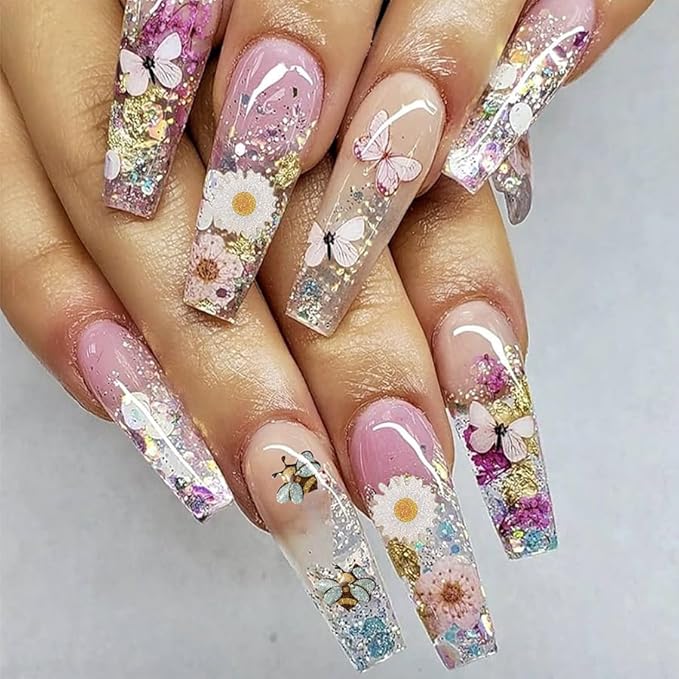 300Pcs 3D Flower Nail Art Charms Sequins Decals Colorful Mixed Flowers Leaves Butterfly Design Slice Nail Flowers Ultra Wood Pulp Flakes Sequins 1