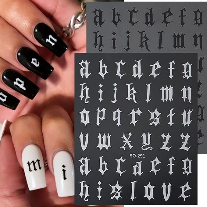 8 Sheets Old English Letters Nail Stickers for Nail Art Personalized Alphabet Nail Art Stickers Decals 3D Self-Adhesive Black White Gold Silver Nails Design Sticker for Women DIY Nail Tips Supplies