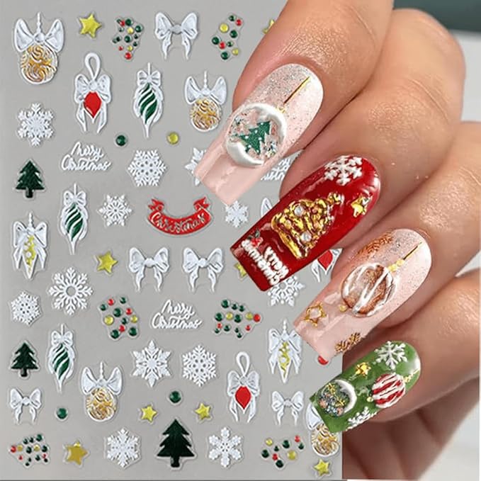 6Pcs Christmas Nail Stickers 5D Christmas Tree Snowball Nail Stickers for Nail Art Santa Claus DIY Self Adhesive Cute Bow Gingerbread Man Nail Decals Snowflake Nail Decoration Supplies for Women