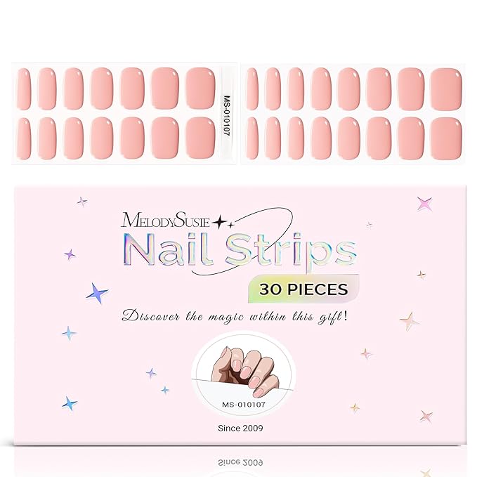 MelodySusie 30PCS Semi Cured Gel Nail Strips, Creamy Pink, Salon Quality, Long Lasting, Easy to Apply, Includes 2 Prep Pads, Nail File and Wooden Stick