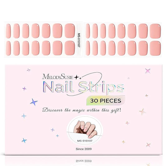 MelodySusie 30PCS Semi Cured Gel Nail Strips, Creamy Pink, Salon Quality, Long Lasting, Easy to Apply, Includes 2 Prep Pads, Nail File and Wooden Stick