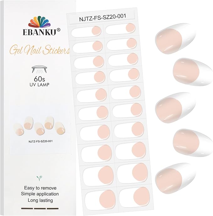 EBANKU 20Pcs Semi-Cured Gel Nail Strips, Nude Deep French Nail Sticker, Lasting Waterproof Full Wraps Stickers for Salon Manicures, Perfect for Women, Girl with File and Stick