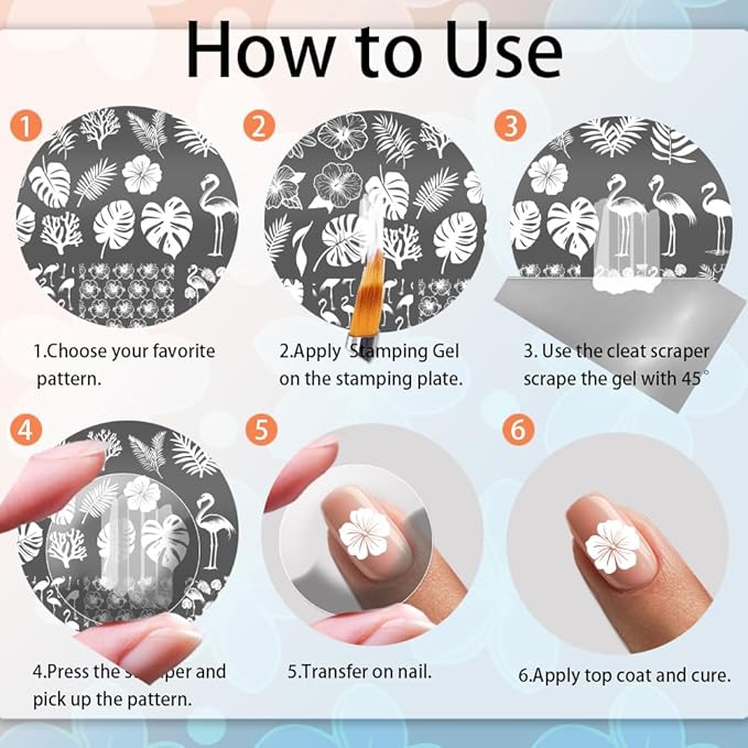 PH PandaHall Summer Nail Stamping Plate Kit, 6pcs Ocean Beach Templates Nail Art Stencils Stainless Steel Image Plates with Silicone Nail Stamper Scraper Tool for Women Manicures Salon Design