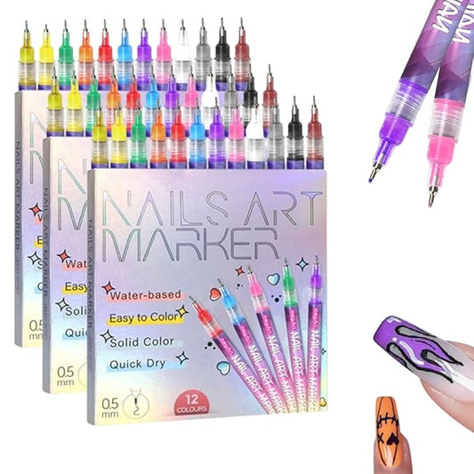12 Colors Nail Art Pens Set, 3D Nail Art Markers Doodle Pen for Kids Adults, Nail Art Tools for Dotting Drawing Painting Point Liner DIY (3Sets)