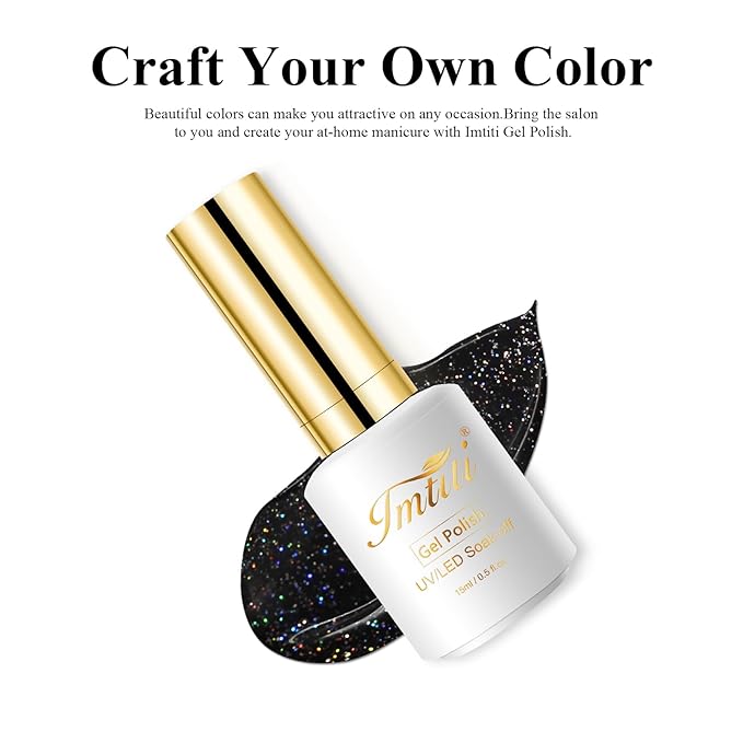 Imtiti Glitter Gel Nail Polish, 0.5 Fl Oz Black Glitter Gel Polish Soak Off LED U V Iridescent Shimmer Sparkle Nail Gel Polish DIY Nail Art Starter Manicure Salon Gel Nail Polish Kit for Women Girls