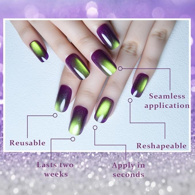 Green Reflective Cat Eye Press on Nails Medium Square, Medium Square Press Glue on Nails Chrome for Women, Green Holographic Glitter Glossy Reusable Gel Acrylic Fake Nail with Designs Cateye Effect